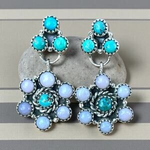 Turquoise Pink Opal Cluster Dangle Earrings Sterling Silver Southwestern 1.5”